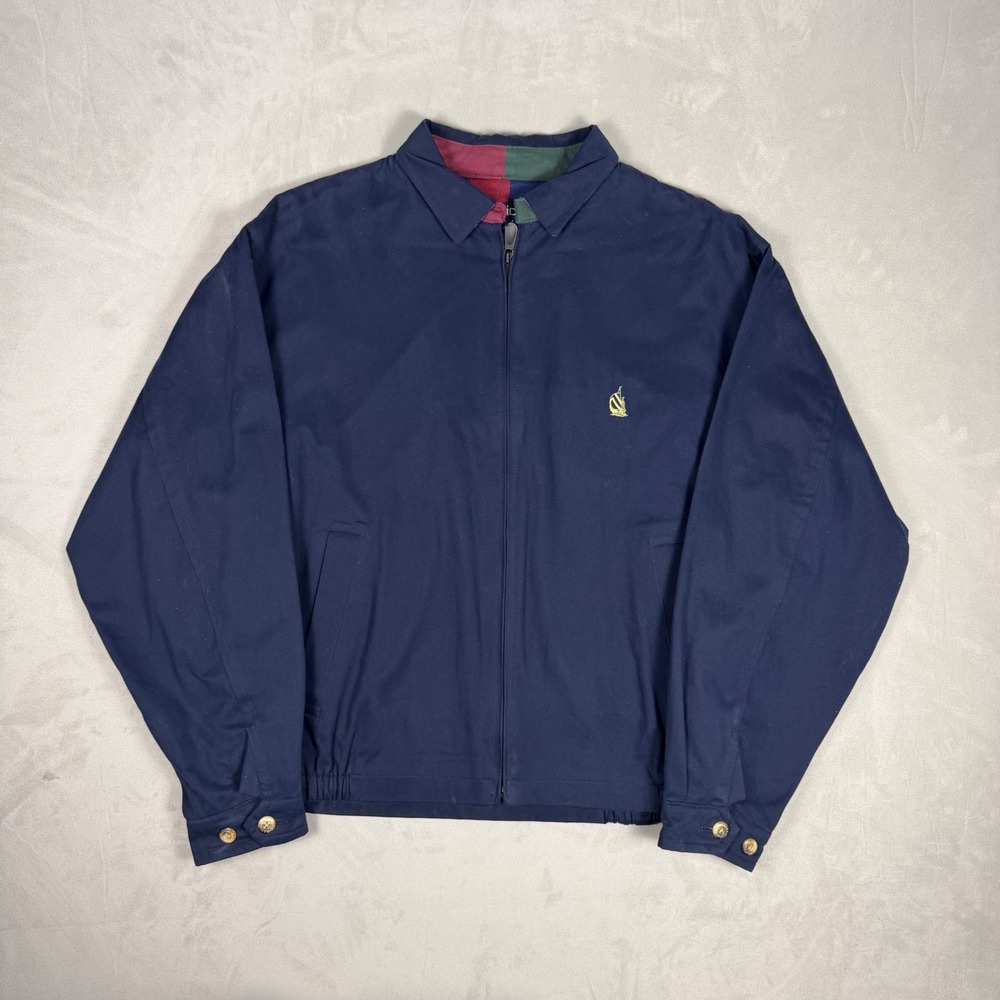 90s Mens Nautica Harrington Jacket Navy Blue Preppy Windbreaker Large